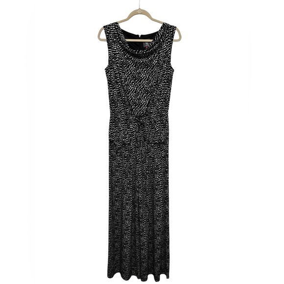 VINCE CAMUTO Black & White Geometric Print Sleeveless Jumpsuit Wide Flare Legs S - Picture 1 of 12